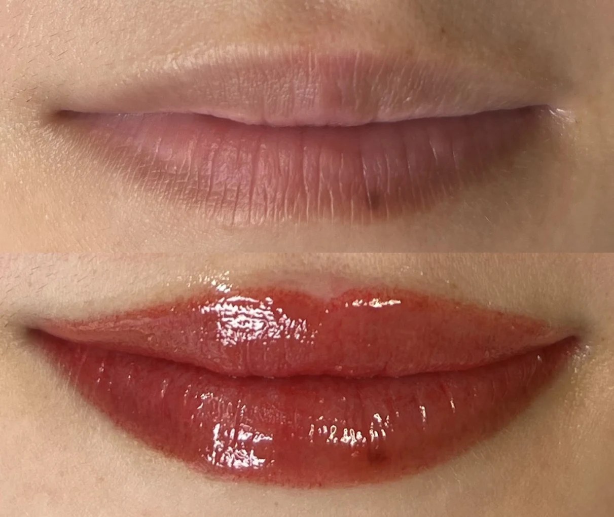 Lip blush before and after in Honolulu with natural rose tone semi permanent lip tattoo
