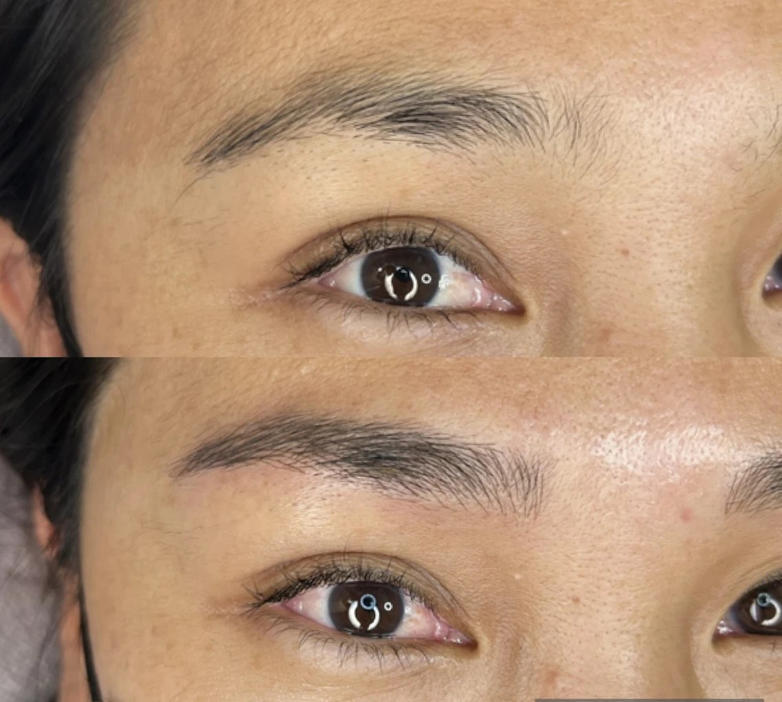 Microblading before and after on a Honolulu client with soft defined hairstroke brows by Memi Wilson