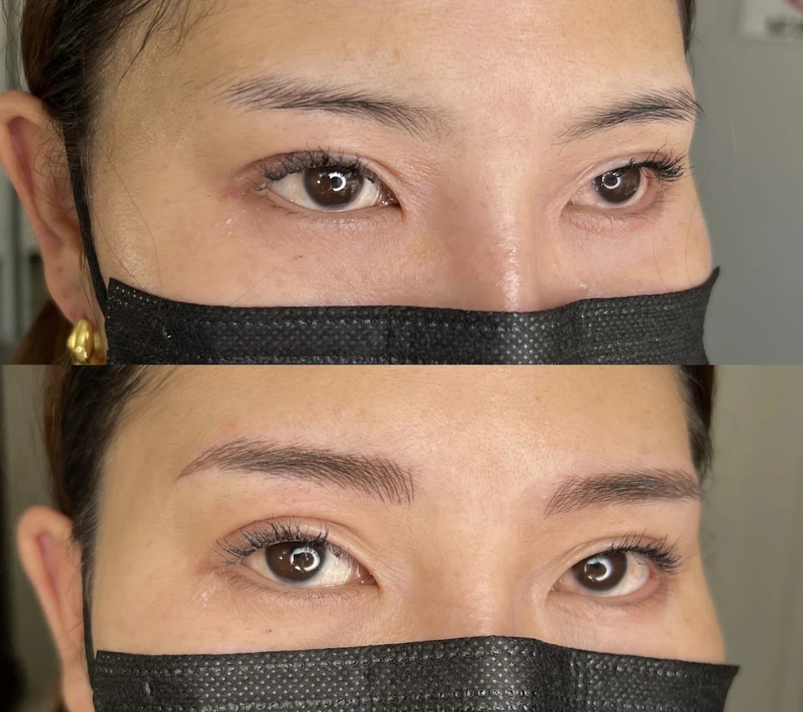 Natural hairstroke microblading before and after on a Honolulu PMU client